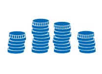 A stack of blue coins on a white background.