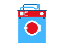 An icon of a washing machine on a blue background.