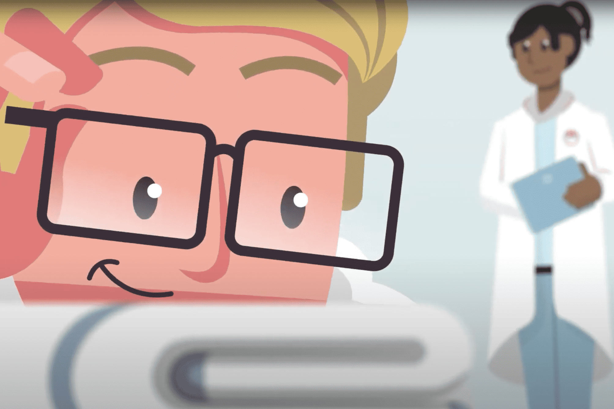 A stylized animation with a large, smiling face wearing glasses in the foreground and a person in a white coat holding a clipboard in the background.